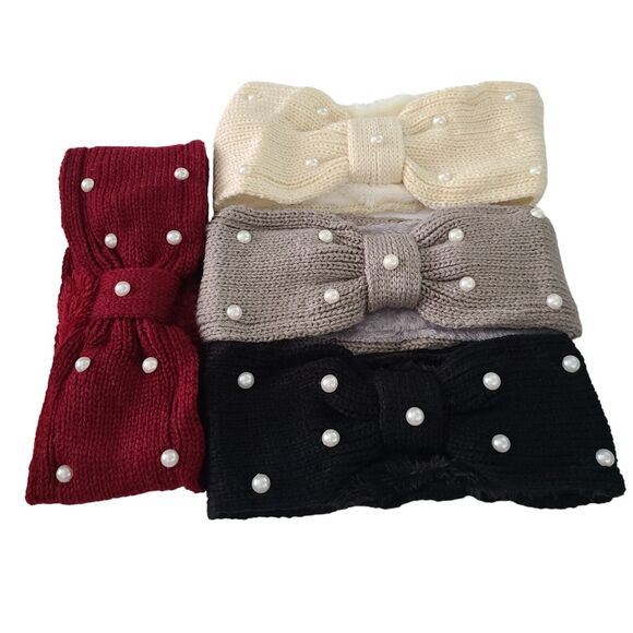 4 Pcs Winter Plush Fleece Knit Headbands for Women Elastic Bow Pearl Headwear - Picture 4 of 5